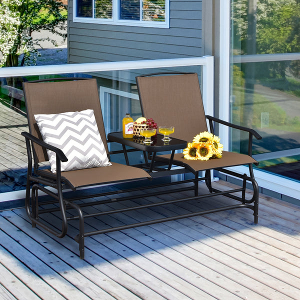 Solid heavy-duty steel frame and durable fabric<br>2 people can sit together to enjoy leisure time<br>Great weight capacity of 530 lbs<br>Quiet and smooth gliding system<br>Anti-slip pads at the bottom of feet<br>Armrests with ergonomic curves on two side