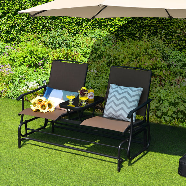 Solid heavy-duty steel frame and durable fabric<br>2 people can sit together to enjoy leisure time<br>Great weight capacity of 530 lbs<br>Quiet and smooth gliding system<br>Anti-slip pads at the bottom of feet<br>Armrests with ergonomic curves on two side