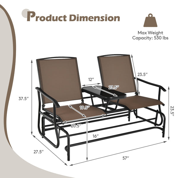 Solid heavy-duty steel frame and durable fabric<br>2 people can sit together to enjoy leisure time<br>Great weight capacity of 530 lbs<br>Quiet and smooth gliding system<br>Anti-slip pads at the bottom of feet<br>Armrests with ergonomic curves on two side