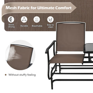 Solid heavy-duty steel frame and durable fabric<br>2 people can sit together to enjoy leisure time<br>Great weight capacity of 530 lbs<br>Quiet and smooth gliding system<br>Anti-slip pads at the bottom of feet<br>Armrests with ergonomic curves on two side