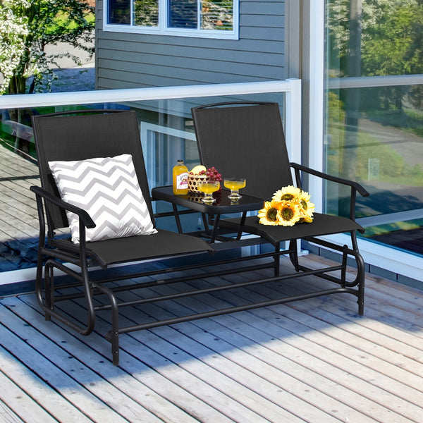 Solid heavy-duty steel frame and durable fabric<br>2 people can sit together to enjoy leisure time<br>Great weight capacity of 530 lbs<br>Quiet and smooth gliding system<br>Anti-slip pads at the bottom of feet<br>Armrests with ergonomic curves on two side