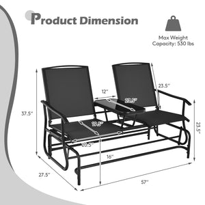 Solid heavy-duty steel frame and durable fabric<br>2 people can sit together to enjoy leisure time<br>Great weight capacity of 530 lbs<br>Quiet and smooth gliding system<br>Anti-slip pads at the bottom of feet<br>Armrests with ergonomic curves on two side