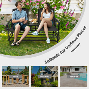 Solid heavy-duty steel frame and durable fabric<br>2 people can sit together to enjoy leisure time<br>Great weight capacity of 530 lbs<br>Quiet and smooth gliding system<br>Anti-slip pads at the bottom of feet<br>Armrests with ergonomic curves on two side