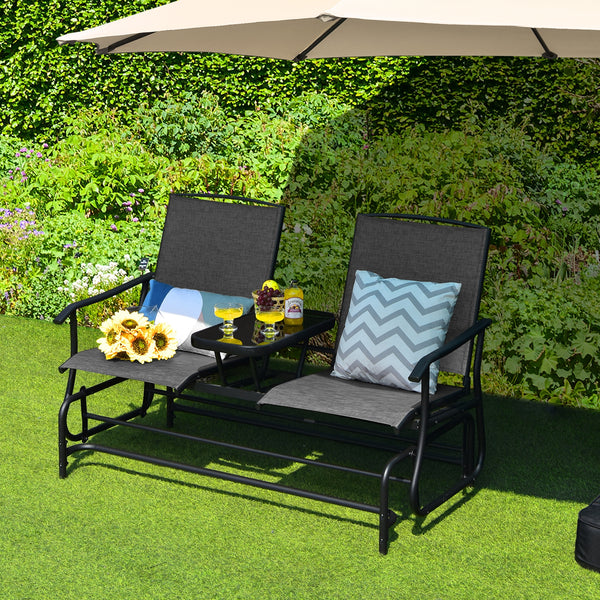 Solid heavy-duty steel frame and durable fabric<br>2 people can sit together to enjoy leisure time<br>Great weight capacity of 530 lbs<br>Quiet and smooth gliding system<br>Anti-slip pads at the bottom of feet<br>Armrests with ergonomic curves on two side