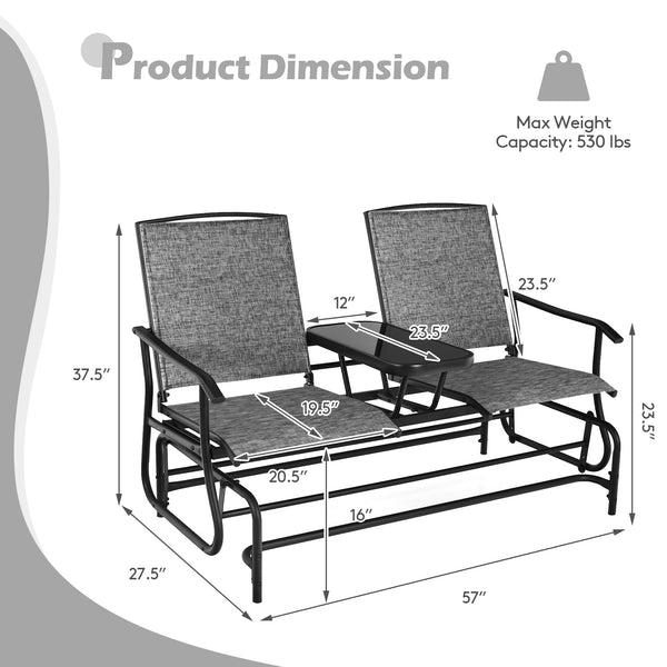 Solid heavy-duty steel frame and durable fabric<br>2 people can sit together to enjoy leisure time<br>Great weight capacity of 530 lbs<br>Quiet and smooth gliding system<br>Anti-slip pads at the bottom of feet<br>Armrests with ergonomic curves on two side