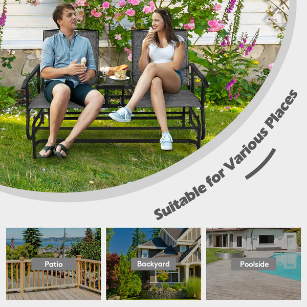 Solid heavy-duty steel frame and durable fabric<br>2 people can sit together to enjoy leisure time<br>Great weight capacity of 530 lbs<br>Quiet and smooth gliding system<br>Anti-slip pads at the bottom of feet<br>Armrests with ergonomic curves on two side