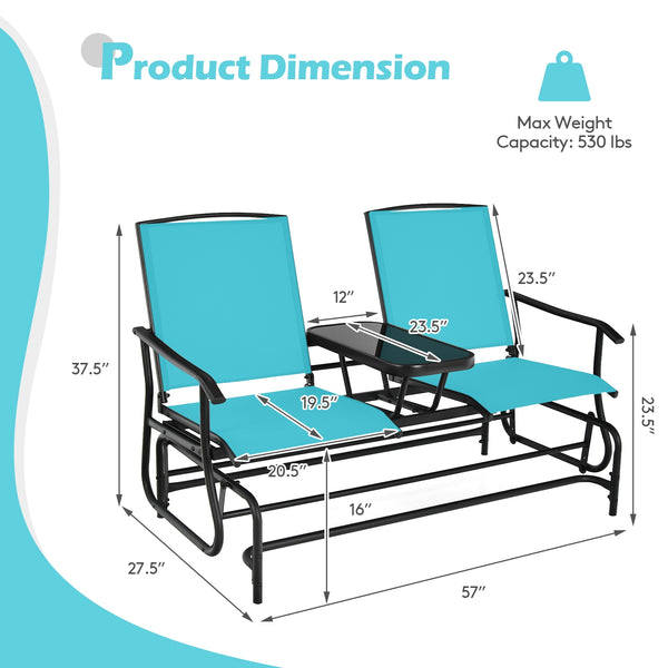 Solid heavy-duty steel frame and durable fabric<br>2 people can sit together to enjoy leisure time<br>Great weight capacity of 530 lbs<br>Quiet and smooth gliding system<br>Anti-slip pads at the bottom of feet<br>Armrests with ergonomic curves on two side