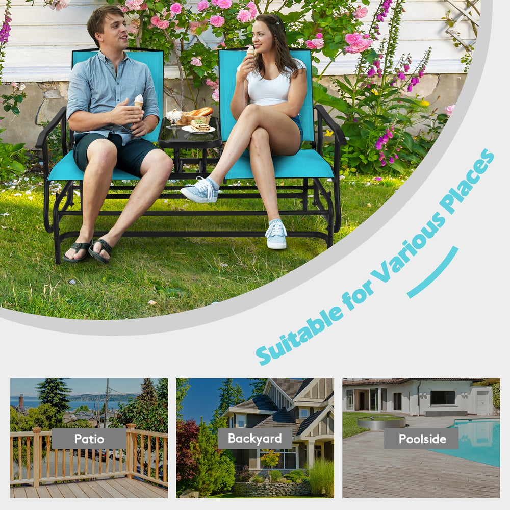 Solid heavy-duty steel frame and durable fabric<br>2 people can sit together to enjoy leisure time<br>Great weight capacity of 530 lbs<br>Quiet and smooth gliding system<br>Anti-slip pads at the bottom of feet<br>Armrests with ergonomic curves on two side