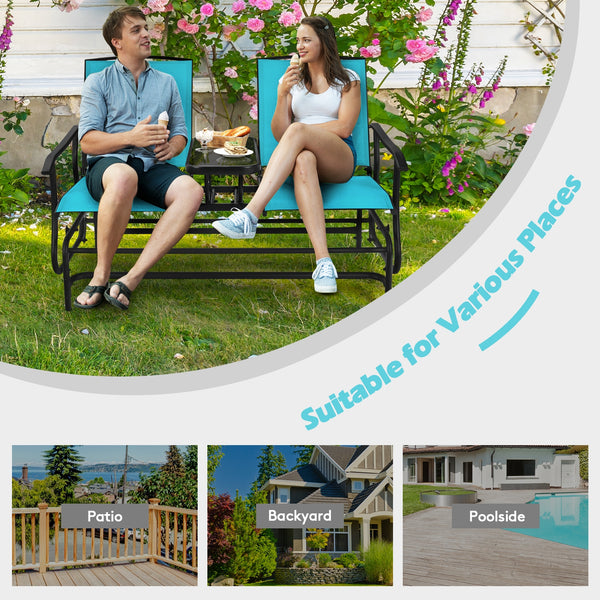 Solid heavy-duty steel frame and durable fabric<br>2 people can sit together to enjoy leisure time<br>Great weight capacity of 530 lbs<br>Quiet and smooth gliding system<br>Anti-slip pads at the bottom of feet<br>Armrests with ergonomic curves on two side