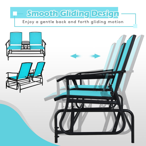 Solid heavy-duty steel frame and durable fabric<br>2 people can sit together to enjoy leisure time<br>Great weight capacity of 530 lbs<br>Quiet and smooth gliding system<br>Anti-slip pads at the bottom of feet<br>Armrests with ergonomic curves on two side