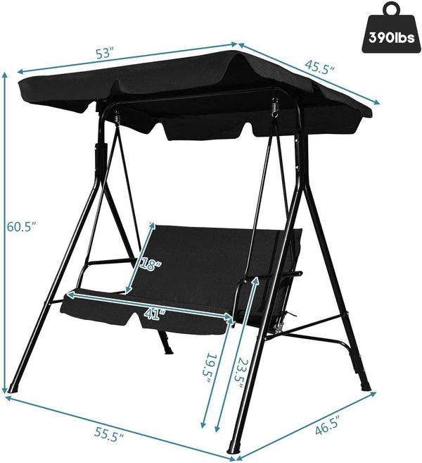 Brand New And High Quality<br>Outdoor Loveseat Swing Chair<br>Providing Two Comfortable Seats<br>With A Waterproof Top Canopy  Protecting You From Ultraviolet Ray And Drizzle<br>Black Steel Frame  Durable And Sturdy<br>With Seat And Back Cushion Add Comfo