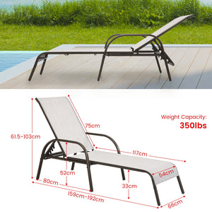 Don't leave the lounge chairs outside in rainy days for prolonging its' using life Made of Sun-proof and breathable fabric for long-lasting use  Powder-coated steel frame provides sturdy support Thick legs and anti-slip pads provide extra stability 5 adju