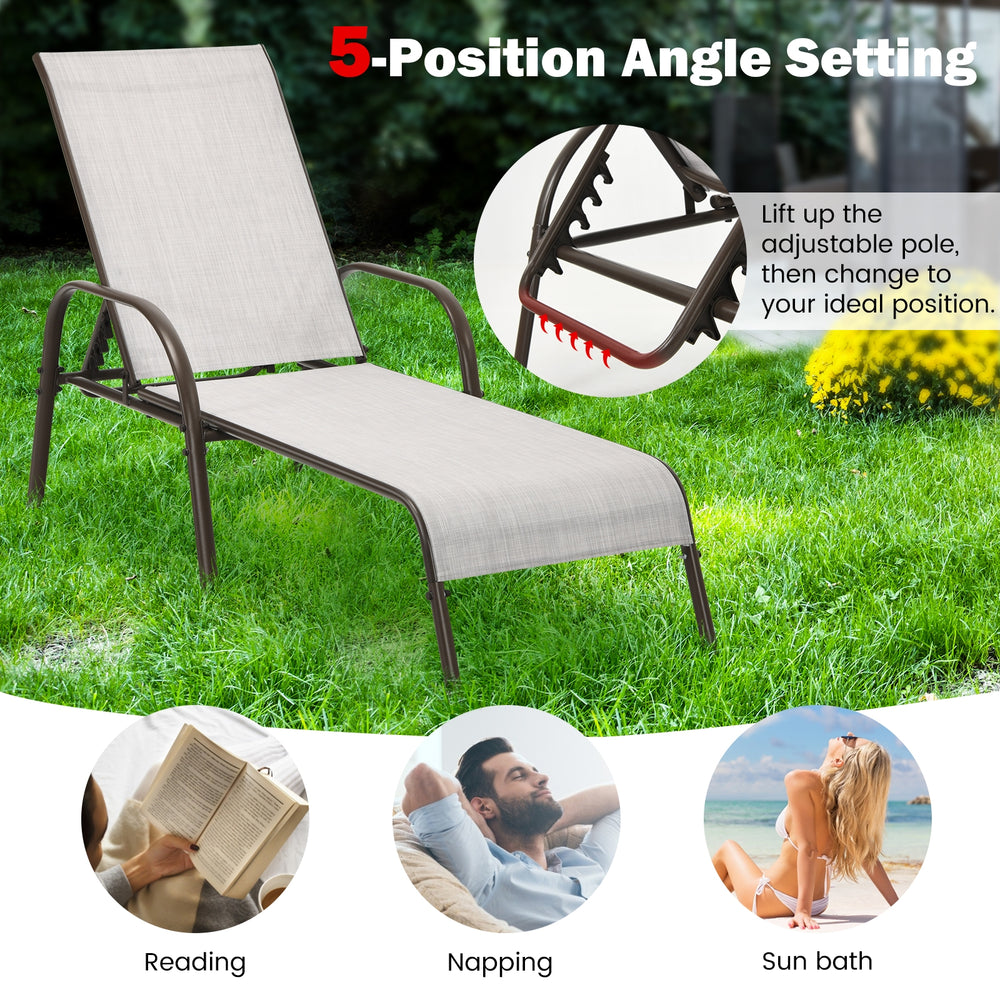 Don't leave the lounge chairs outside in rainy days for prolonging its' using life Made of Sun-proof and breathable fabric for long-lasting use  Powder-coated steel frame provides sturdy support Thick legs and anti-slip pads provide extra stability 5 adju