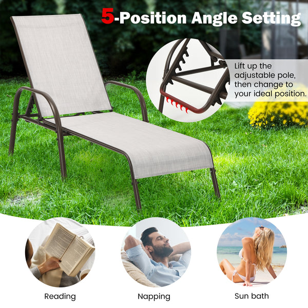 Don't leave the lounge chairs outside in rainy days for prolonging its' using life Made of Sun-proof and breathable fabric for long-lasting use  Powder-coated steel frame provides sturdy support Thick legs and anti-slip pads provide extra stability 5 adju