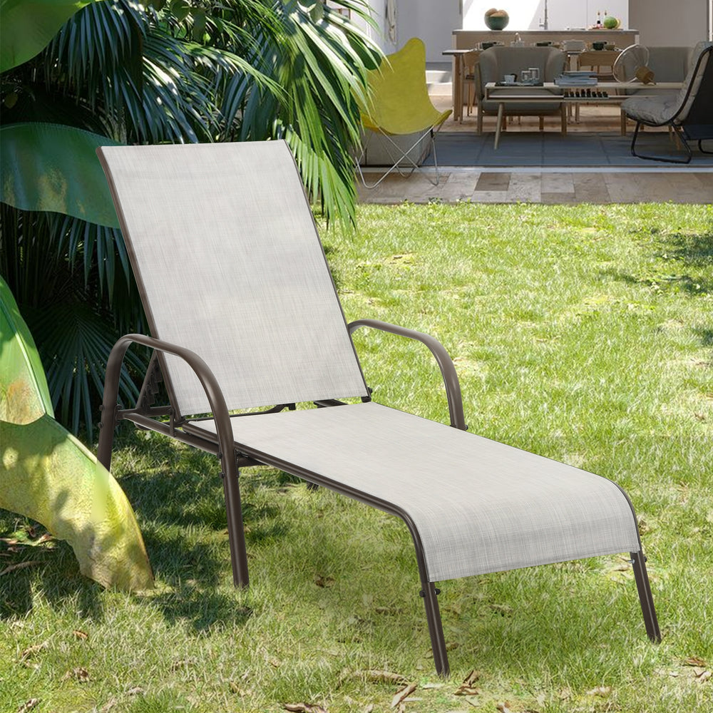 Don't leave the lounge chairs outside in rainy days for prolonging its' using life Made of Sun-proof and breathable fabric for long-lasting use  Powder-coated steel frame provides sturdy support Thick legs and anti-slip pads provide extra stability 5 adju