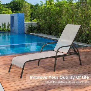 Don't leave the lounge chairs outside in rainy days for prolonging its' using life Made of Sun-proof and breathable fabric for long-lasting use  Powder-coated steel frame provides sturdy support Thick legs and anti-slip pads provide extra stability 5 adju
