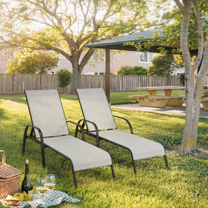 Don't leave the lounge chairs outside in rainy days for prolonging its' using life Made of Sun-proof and breathable fabric for long-lasting use  Powder-coated steel frame provides sturdy support Thick legs and anti-slip pads provide extra stability 5 adju
