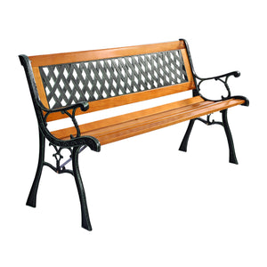 It consists of well-painted iron cast structure  solid wood seat and backrest frame  and PVC backrest pattern. <br>It comes with a size of 49.5" x 20.5" x 29" and features a strong load-bearing capacity of up to 463 lbs. <br>It's able to comfortably seat 