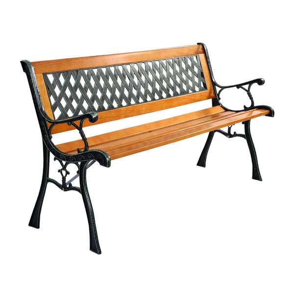 It consists of well-painted iron cast structure  solid wood seat and backrest frame  and PVC backrest pattern. <br>It comes with a size of 49.5" x 20.5" x 29" and features a strong load-bearing capacity of up to 463 lbs. <br>It's able to comfortably seat 