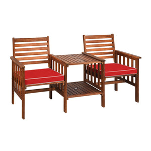 The functional loveseat brings color and pleasure to your outdoor space. Â  Made of premium acacia wood  this set has sturdy and durable construction. Paired with soft sponge cushions and high backrests  this conversation set provides upgraded comfort for