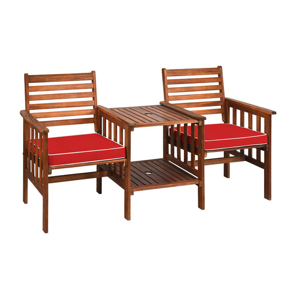 The functional loveseat brings color and pleasure to your outdoor space. Â  Made of premium acacia wood  this set has sturdy and durable construction. Paired with soft sponge cushions and high backrests  this conversation set provides upgraded comfort for