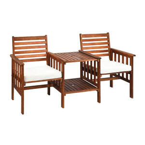 The functional loveseat brings color and pleasure to your outdoor space. Â  Made of premium acacia wood  this set has sturdy and durable construction. Paired with soft sponge cushions and high backrests  this conversation set provides upgraded comfort for