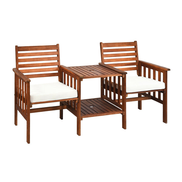 The functional loveseat brings color and pleasure to your outdoor space. Â  Made of premium acacia wood  this set has sturdy and durable construction. Paired with soft sponge cushions and high backrests  this conversation set provides upgraded comfort for