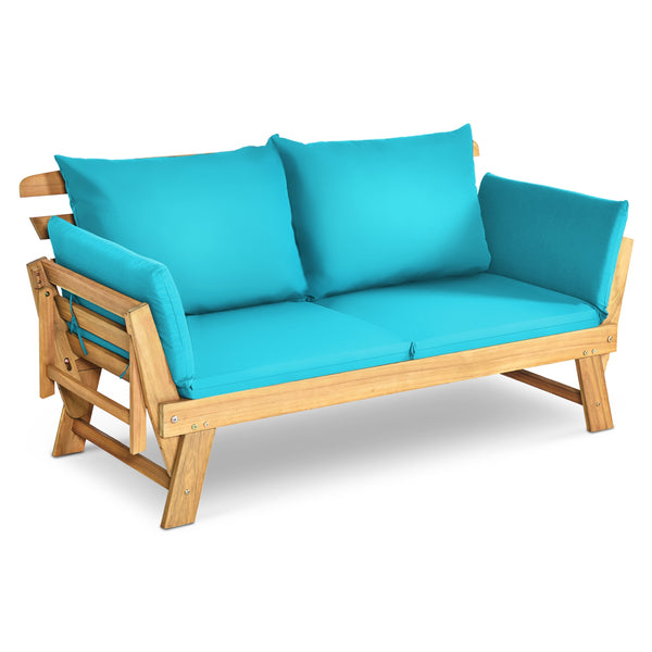 Solid acacia wood frame provides stability and high bearing capacity<br>Polyester cover is durable enough for long lifespan<br>Easy to convert from a loveseat to a bed or chaise lounge with turndown armrests<br>Soft pillow and cushion provide an extra com