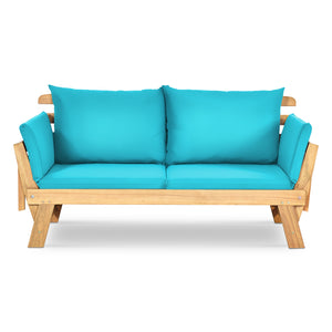 Solid acacia wood frame provides stability and high bearing capacity<br>Polyester cover is durable enough for long lifespan<br>Easy to convert from a loveseat to a bed or chaise lounge with turndown armrests<br>Soft pillow and cushion provide an extra com