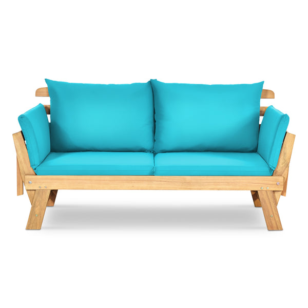 Solid acacia wood frame provides stability and high bearing capacity<br>Polyester cover is durable enough for long lifespan<br>Easy to convert from a loveseat to a bed or chaise lounge with turndown armrests<br>Soft pillow and cushion provide an extra com