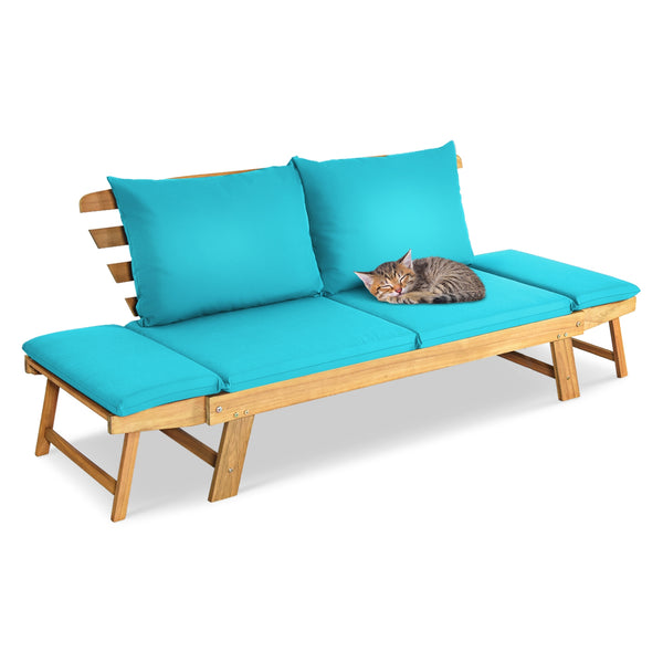 Solid acacia wood frame provides stability and high bearing capacity<br>Polyester cover is durable enough for long lifespan<br>Easy to convert from a loveseat to a bed or chaise lounge with turndown armrests<br>Soft pillow and cushion provide an extra com
