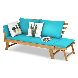 Solid acacia wood frame provides stability and high bearing capacity<br>Polyester cover is durable enough for long lifespan<br>Easy to convert from a loveseat to a bed or chaise lounge with turndown armrests<br>Soft pillow and cushion provide an extra com