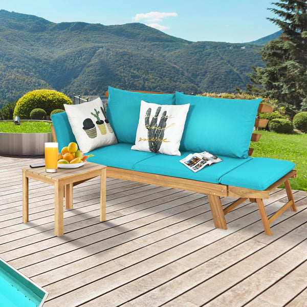 Solid acacia wood frame provides stability and high bearing capacity<br>Polyester cover is durable enough for long lifespan<br>Easy to convert from a loveseat to a bed or chaise lounge with turndown armrests<br>Soft pillow and cushion provide an extra com