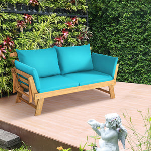 Solid acacia wood frame provides stability and high bearing capacity<br>Polyester cover is durable enough for long lifespan<br>Easy to convert from a loveseat to a bed or chaise lounge with turndown armrests<br>Soft pillow and cushion provide an extra com