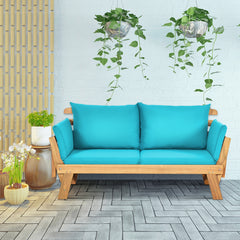 Solid acacia wood frame provides stability and high bearing capacity<br>Polyester cover is durable enough for long lifespan<br>Easy to convert from a loveseat to a bed or chaise lounge with turndown armrests<br>Soft pillow and cushion provide an extra com