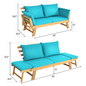 Solid acacia wood frame provides stability and high bearing capacity<br>Polyester cover is durable enough for long lifespan<br>Easy to convert from a loveseat to a bed or chaise lounge with turndown armrests<br>Soft pillow and cushion provide an extra com