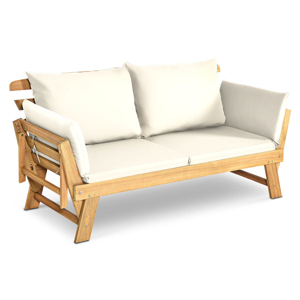 Solid acacia wood frame provides stability and high bearing capacity<br>Polyester cover is durable enough for long lifespan<br>Easy to convert from a loveseat to a bed or chaise lounge with turndown armrests<br>Soft pillow and cushion provide an extra com