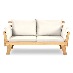 Solid acacia wood frame provides stability and high bearing capacity<br>Polyester cover is durable enough for long lifespan<br>Easy to convert from a loveseat to a bed or chaise lounge with turndown armrests<br>Soft pillow and cushion provide an extra com