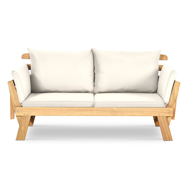 Solid acacia wood frame provides stability and high bearing capacity<br>Polyester cover is durable enough for long lifespan<br>Easy to convert from a loveseat to a bed or chaise lounge with turndown armrests<br>Soft pillow and cushion provide an extra com