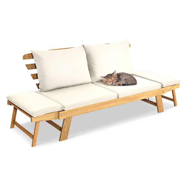 Solid acacia wood frame provides stability and high bearing capacity<br>Polyester cover is durable enough for long lifespan<br>Easy to convert from a loveseat to a bed or chaise lounge with turndown armrests<br>Soft pillow and cushion provide an extra com
