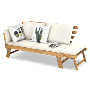 Solid acacia wood frame provides stability and high bearing capacity<br>Polyester cover is durable enough for long lifespan<br>Easy to convert from a loveseat to a bed or chaise lounge with turndown armrests<br>Soft pillow and cushion provide an extra com