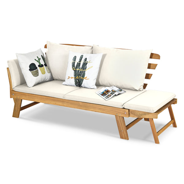 Solid acacia wood frame provides stability and high bearing capacity<br>Polyester cover is durable enough for long lifespan<br>Easy to convert from a loveseat to a bed or chaise lounge with turndown armrests<br>Soft pillow and cushion provide an extra com
