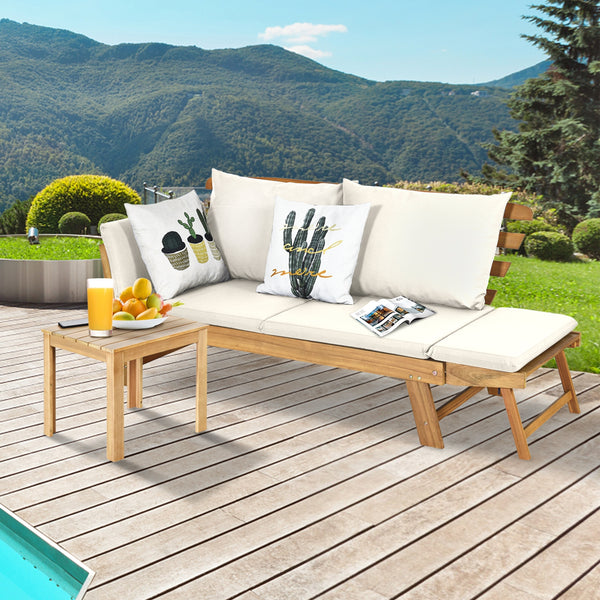 Solid acacia wood frame provides stability and high bearing capacity<br>Polyester cover is durable enough for long lifespan<br>Easy to convert from a loveseat to a bed or chaise lounge with turndown armrests<br>Soft pillow and cushion provide an extra com