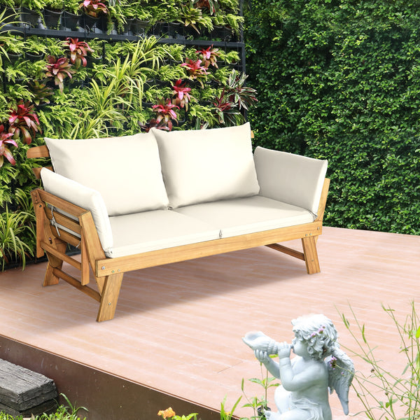 Solid acacia wood frame provides stability and high bearing capacity<br>Polyester cover is durable enough for long lifespan<br>Easy to convert from a loveseat to a bed or chaise lounge with turndown armrests<br>Soft pillow and cushion provide an extra com