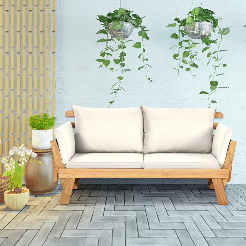 Solid acacia wood frame provides stability and high bearing capacity<br>Polyester cover is durable enough for long lifespan<br>Easy to convert from a loveseat to a bed or chaise lounge with turndown armrests<br>Soft pillow and cushion provide an extra com