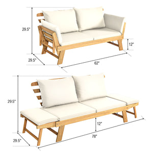 Solid acacia wood frame provides stability and high bearing capacity<br>Polyester cover is durable enough for long lifespan<br>Easy to convert from a loveseat to a bed or chaise lounge with turndown armrests<br>Soft pillow and cushion provide an extra com