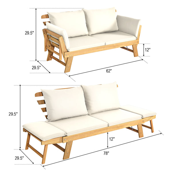 Solid acacia wood frame provides stability and high bearing capacity<br>Polyester cover is durable enough for long lifespan<br>Easy to convert from a loveseat to a bed or chaise lounge with turndown armrests<br>Soft pillow and cushion provide an extra com