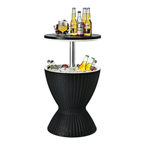 The retractable tabletop is fixed tightly by the knob <br>Flexible adjustment of 22.5'' and 32.5'' <br>Multiple uses as a patio side table and an ice bucket <br>8 gal capacity to store various drinks and snacks <br>Drainage hole with a plug for easy clean