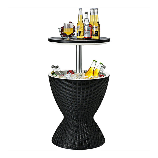The retractable tabletop is fixed tightly by the knob <br>Flexible adjustment of 22.5'' and 32.5'' <br>Multiple uses as a patio side table and an ice bucket <br>8 gal capacity to store various drinks and snacks <br>Drainage hole with a plug for easy clean