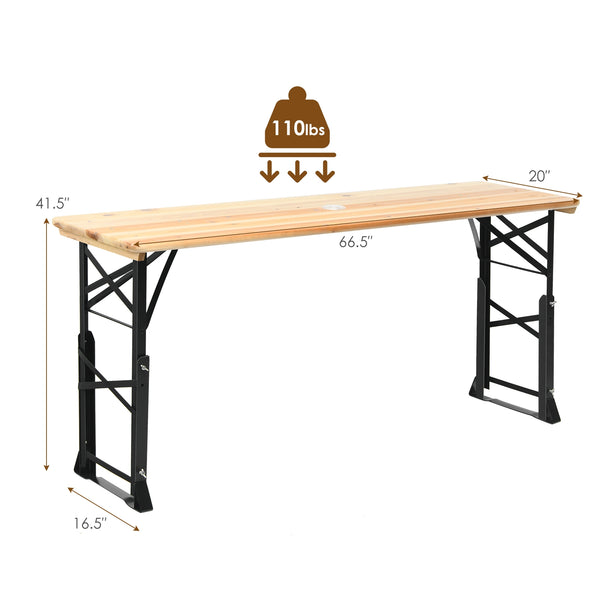 Premium wood ensures sturdy and durable structure<br>X-shape design increases the stability of table<br>2 adjustable heights for your different needs<br>Umbrella hole is designed for sun protection<br>Wood tabletop is spacious enough for holding food and 